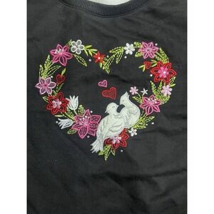 Vintage Alfred Dunner Black Sweatshirt Heart Floral Doves Embroidery 1X Cottage